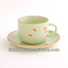 KC-03004flower decal tea cup with saucer,stacking tea cup,edge colored